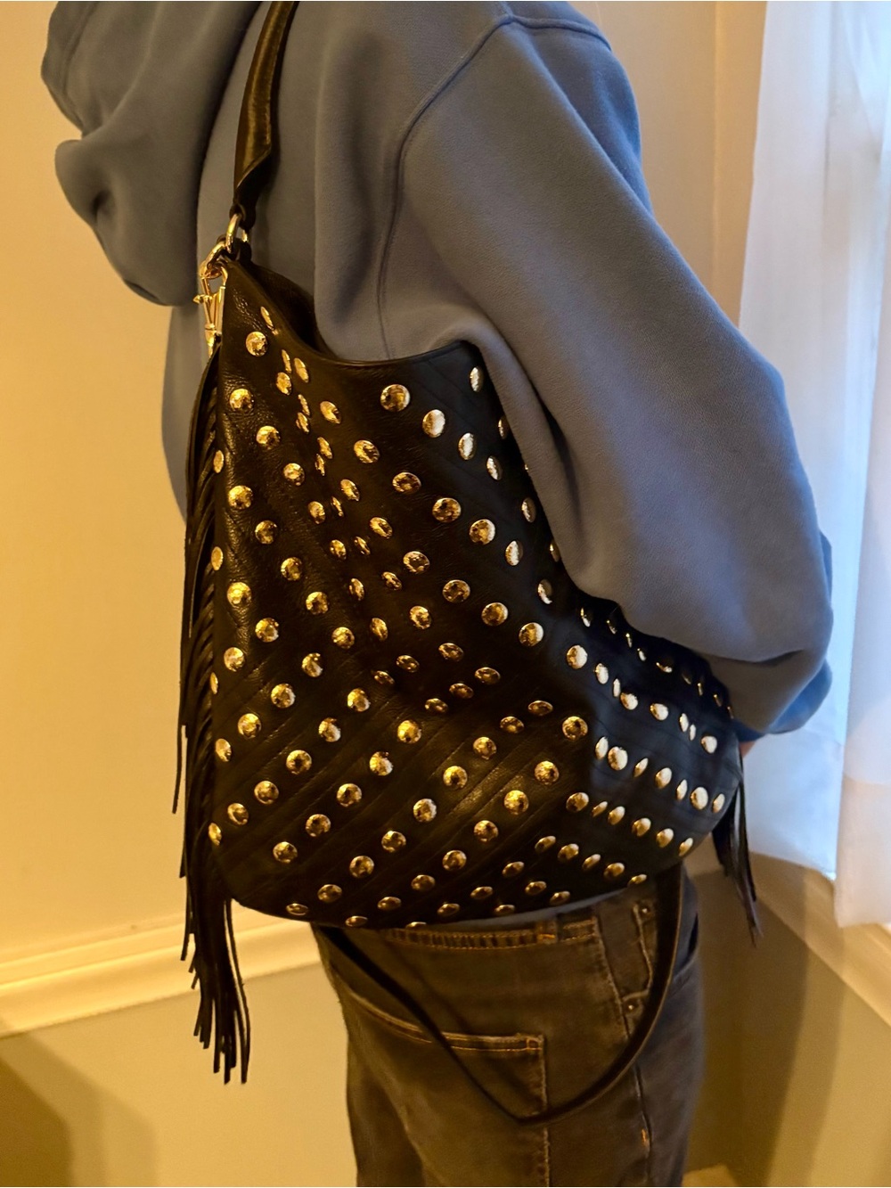 Rebecca Minkoff NWOT Large Black Studded Fringe Hobo Shoulder Two-Way Bag - Picture 3 of 12
